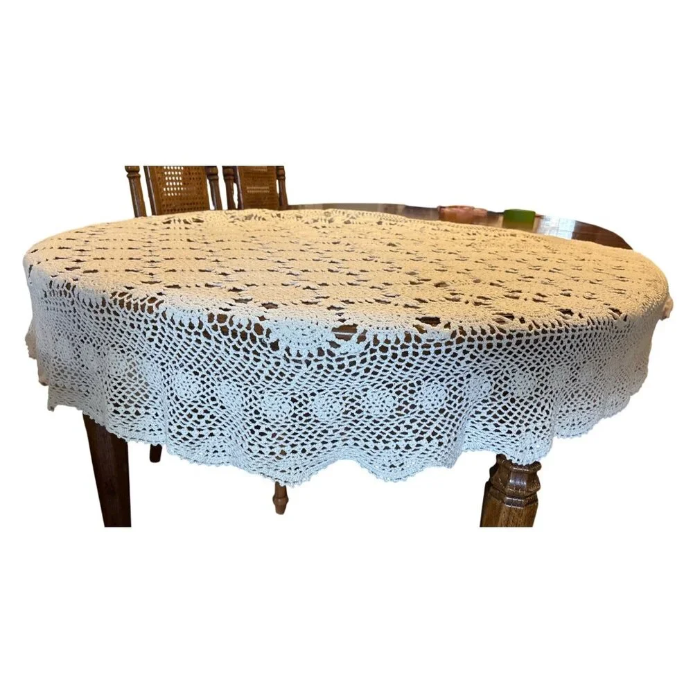 VTG Handmade Cream Crochet Round Squareish Tablecloth 55
